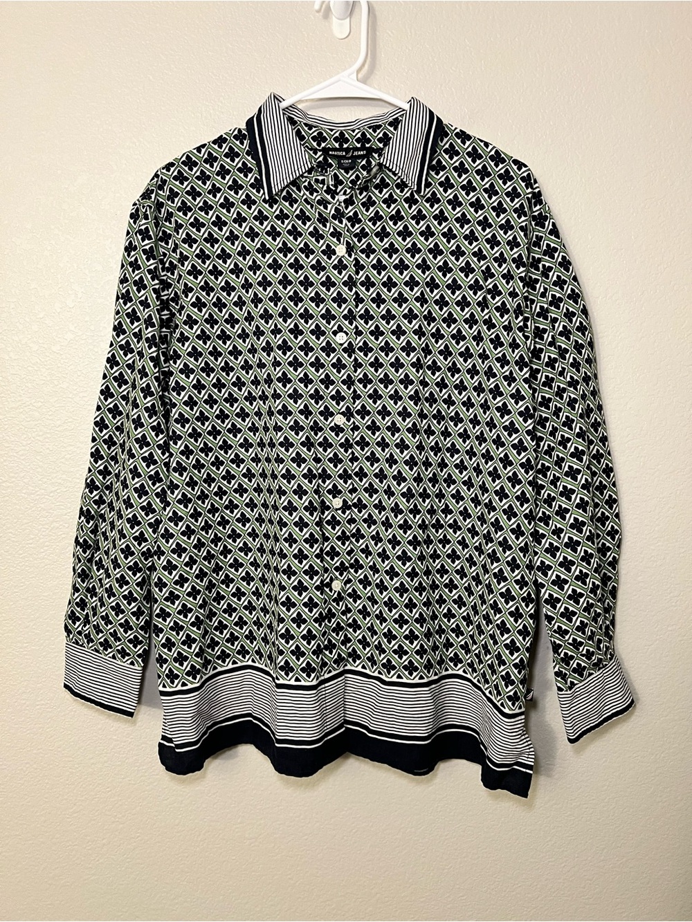 Nautica Jeans Button Front Blouse Small Navy Green Geometric Linen Blend Look